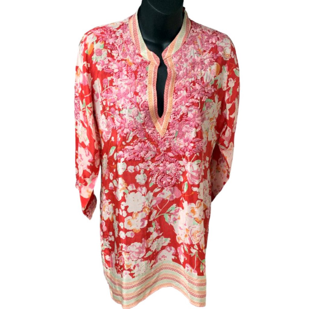 Amaya Alara Red 100% Silk Embroidered V Neck Tunic